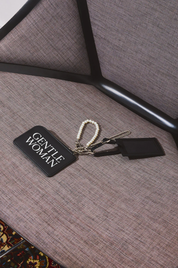 Gentlewoman GW Black Leather Pouch with Pearl and Rhinestone Keychain
