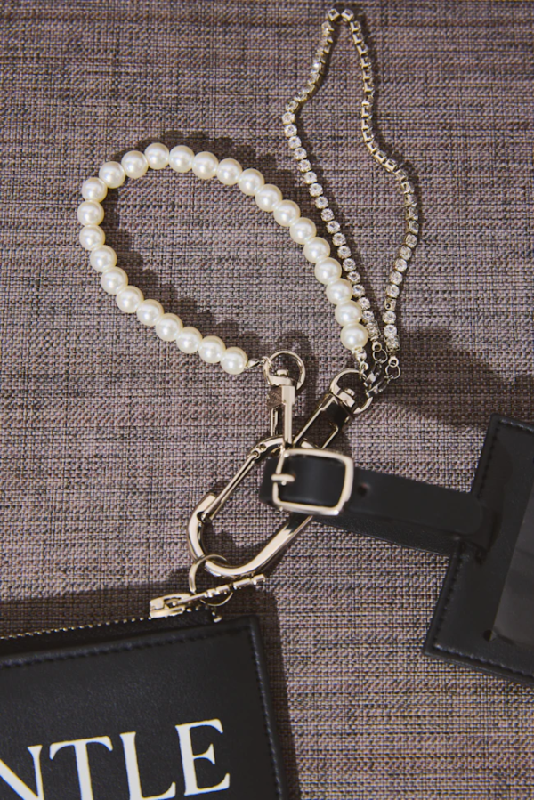 Gentlewoman GW Black Leather Pouch with Pearl and Rhinestone Keychain
