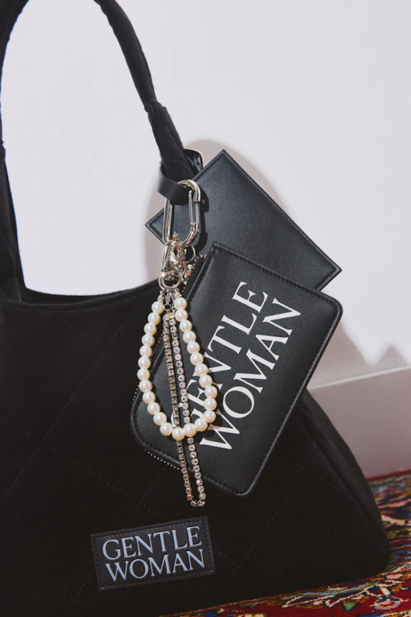 Gentlewoman GW Black Leather Pouch with Pearl and Rhinestone Keychain